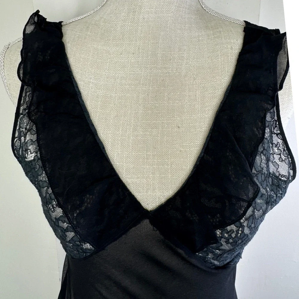 Vintage Black Sheer Mesh Long Slip Lace Insert Ruffle Trim Small - Picture 4 of 7